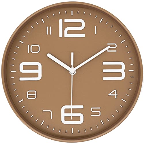 45MinST 10 Inch 3D Number Dial Face Modern Wall Clock, Silent Non-Ticking Round Home Decor Wall Clock with Arabic Numerals, Colorful Dial Face (Light Brown/Khaki) - color: 10''light Brown