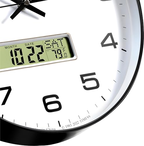 TIMESS Wall Clock, 13" Dial Non-Ticking Silent Battery Operated Analog with LCD Display for Perpetual Calendar and F° Temperature, Ideal Modern Home, Bedroom, Kitchen, Office Decor(Black) - color: Black, size: 13 Inch