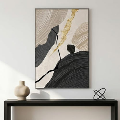QKF Gold Geometric 3D Texture Black Aluminum Frame Canvas Wall Art - color: Beige & Black with Gold Accent