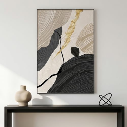 QKF Gold Geometric 3D Texture Black Aluminum Frame Canvas Wall Art - color: Beige & Black with Gold Accent