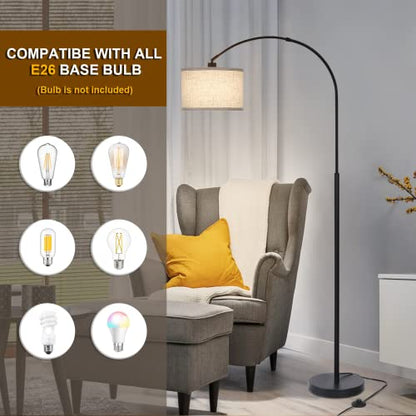 Seaside village Arc Floor Lamps for Living Room, Modern Standing Lamp with Adjustable Hanging Drum Shade, Tall Pole Lamp with Foot Switch, Over Couch Arched Reading Light for Bedroom, Office (Black) - color: Black