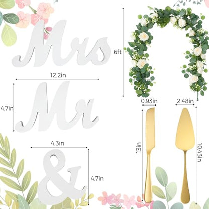 Complete Wedding Decoration Set - Mr & Mrs Sign with Just Married Banner, Gold Cake Cutting Set, 13ft Eucalyptus Rose Garland and 200 Pcs Ivory Petals for Aisle Scatter & Table Centerpieces