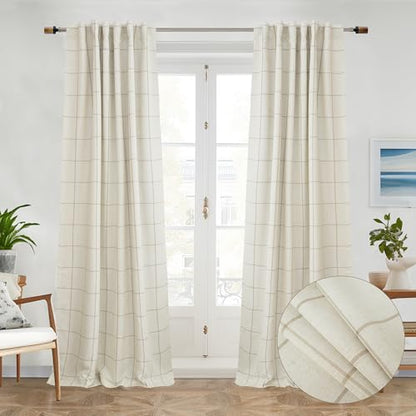 DriftAway 100% Blackout Plaid Linen Curtains 90 Inches Long 2 Panels Taupe - color: Taupe, size: 52"W x 90"L (Pack of 2)