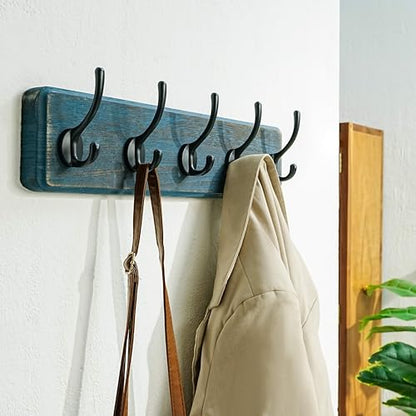 Dseap Coat Rack Wall: Patented, Heavy-Duty, 5-Double-Hooks Wooden Wall Mounted Coat Rack Coat Hanger Hook Rail for Winter Coats Hat Jacket Clothing, Weathered Blue - color: Weathered Blue & Black, size: L=17.4" (1pcs)