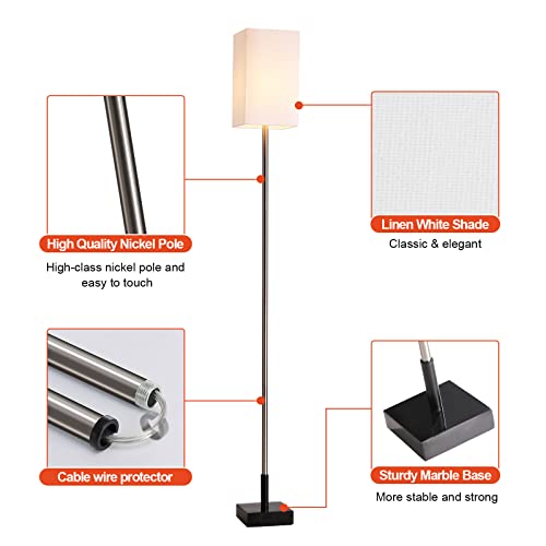 Modern Floor Lamp for Living Room, Tall Black Floor Lamp with Square Linen Shade, Pull Chain Switch and Stable Metal Base, Standing Lamp for Bedroom, Reading Nook and Office, Bulb Included