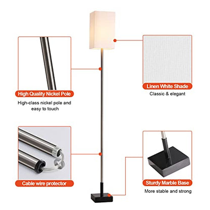 Modern Floor Lamp for Living Room, Tall Black Floor Lamp with Square Linen Shade, Pull Chain Switch and Stable Metal Base, Standing Lamp for Bedroom, Reading Nook and Office, Bulb Included