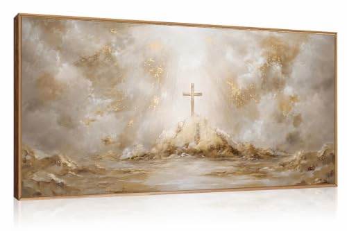 FWIEXA Abstract Christian Jesus Cross Canvas Wall Art Set,Gold Texture Religious Mountain Framed Print,Bible Verse Painting,40x20In Neutral Scripture Faith Cross Artwork for Living Room,Bedroom,Church - color: Religion Christ Cross, size: 40"L x 20"W