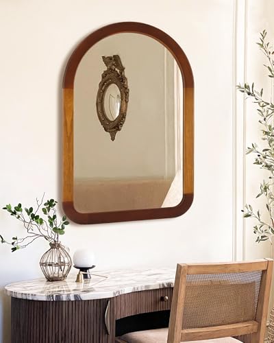 Arched Mirror 24 x 36 Inch,Brown Wood Rustic Bathroom Wall Walnut Mirror - color: Two-tone Walnut a, size: 36"L x 24"W