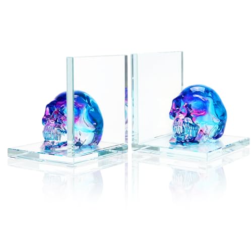Decorative Bookends for Shelves - Glass Unique Bookends Crystal Skull for Heavy Books, Beauty Home Office Decor, Day of The Dead Decor (Blue-Purple) - color: Blue-purple