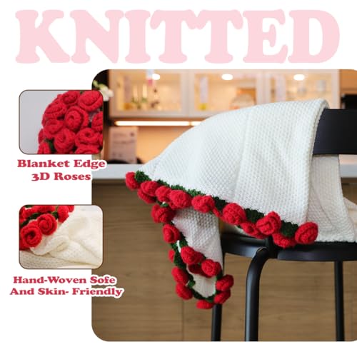 Rose Crochet Flower Bouquet Blanket, Handmade Knitted Throw Blanket - color: White, size: Large