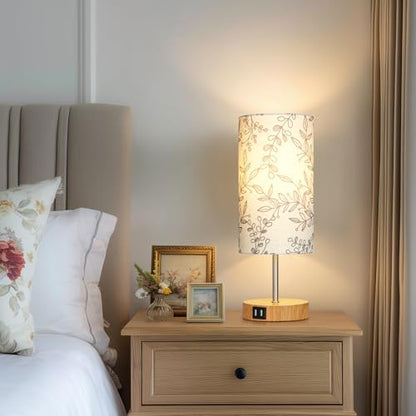 CINSARY Bedside Touch Lamps for Nightstand with 2 USB Charging Ports, 3 Way Dimmable Wood Bedroom Lamp with Flower Fabric Shade, Small Table Lamp for Living Room Reading Desk (LED Bulb Included) - color: Flower3-15" H