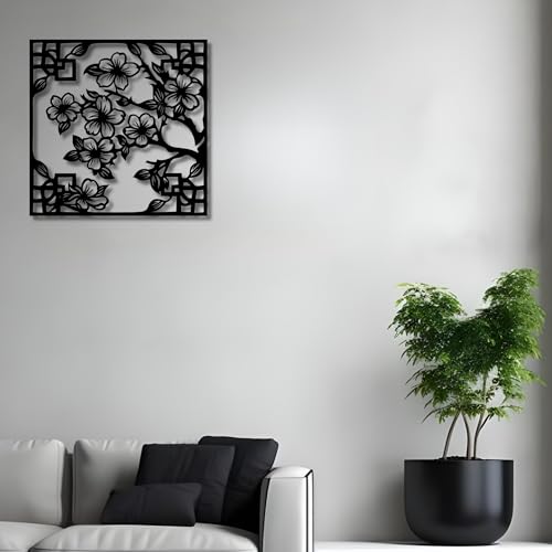 Metal Wall Decor | 17' x 17' x 0.05'' Cherry Blossom Asian Style Art Themed Wall Decorations | Handmade Indoor and Outdoor Wall Art (17'' x 17'', Cherry Blossom Asian Style, Black) - size: 17'' x 17'', style: Cherry Blossom Asian Style
