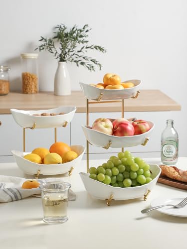 Kanwone Fruit Bowl for Kitchen Counter - 2 Tier with No Assembly Gold Stand & White Ceramic Bowls, Tiered Fruit Basket for Storage, Vegetables, Cake Display, Party Serving & Home Decor - size: 2 Tier