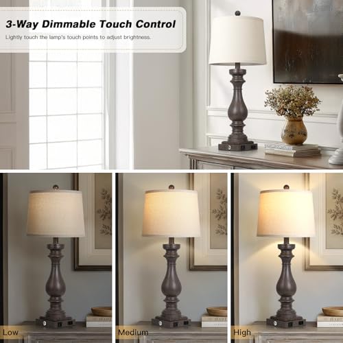 Cinkeda 29" Tall Farmhouse Table Lamp for Living Room Set of 2,Vintage Retro Nightstand Lamps with USB C+A Ports & AC Outlet,3-Way Dimmable Touch Bedside Lamp for Bedroom End Table,Earthy Tone - color: Earthy Tone