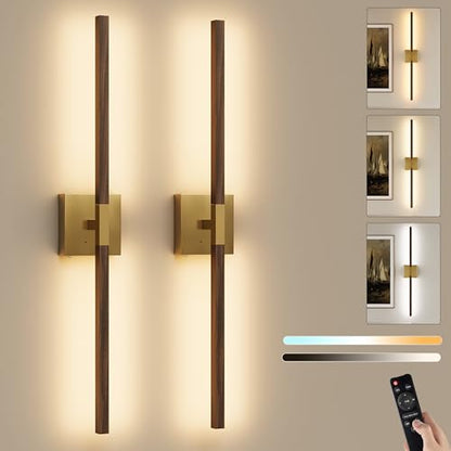 Rayogale Gold & Walnut Battery Operated Wall Sconce with Remote Control - color: Gold & Walnut, size: 32 Inch(2 Pack)