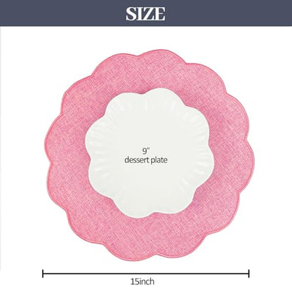 AHHFSMEI Round Scalloped Placemats Set of 6 15 Inch Faux Linen - color: Pink