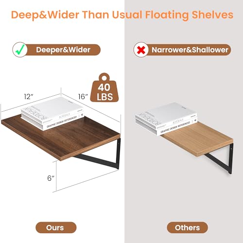 Heimlove 16W x 12D Deep Floating Shelves Set of 2 Walnut - color: Walnut With Black Metal Bracket, size: 16Wx12Dx5.8H