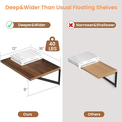Heimlove 16W x 12D Deep Floating Shelves Set of 2 Walnut - color: Walnut With Black Metal Bracket, size: 16Wx12Dx5.8H