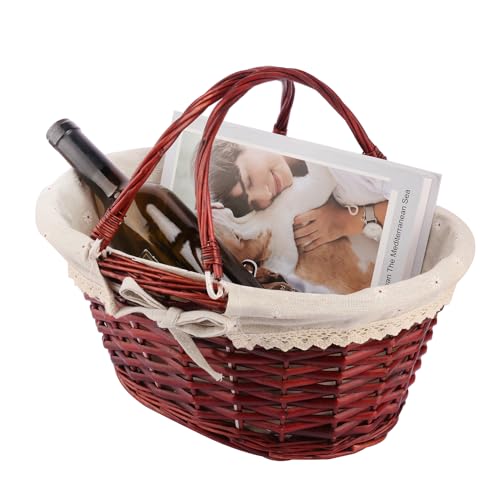 Large Wicker Basket with Handle, 14.2 x 11 x 6.7 inch Wicker Picnic Basket with Liner, Empty Gift Basket, Oval Willow Woven Basket for Fruit, Candy, Wine, Gathering, Wedding, Picnic, by GNIEMCKIN. - size: 1 PCS Large brown