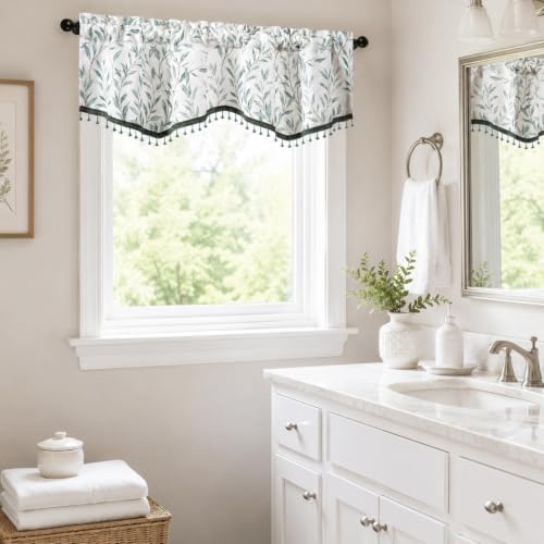 VOGOL Country Style Leaf Print Scalloped Valance, Beaded Trim, 52 x 16 - color: Blue, size: 52"W x 16"L (Pack of 1)