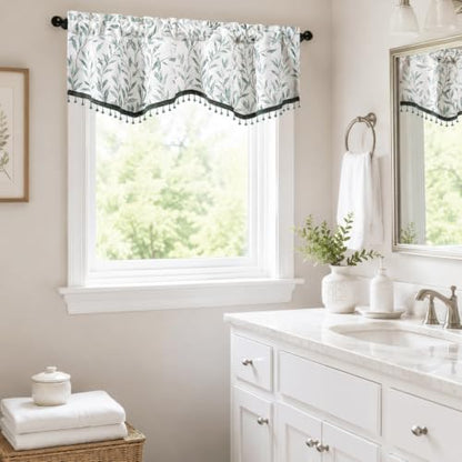 VOGOL Country Style Leaf Print Scalloped Valance, Beaded Trim, 52 x 16 - color: Blue, size: 52"W x 16"L (Pack of 1)