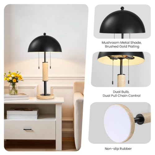 Black Bedside Table Lamp Set 2 Mid Century Modern Tavertine Nightstand Lamp - color: Black