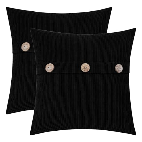 HWY 50 Black Chenille Throw Pillow Covers 18x18 Inch Buttons Pack of 2 - color: Black, size: 18" x 18" (Pack of 2)