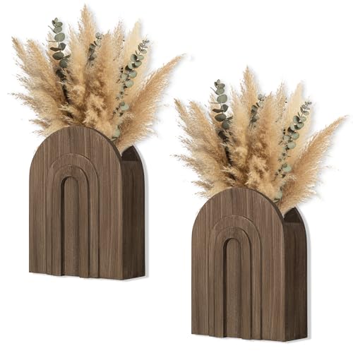 2 Pack Natural Wooden Wall Vase Set for Pampas Grass and Dried Flowers - color: Natural-natural