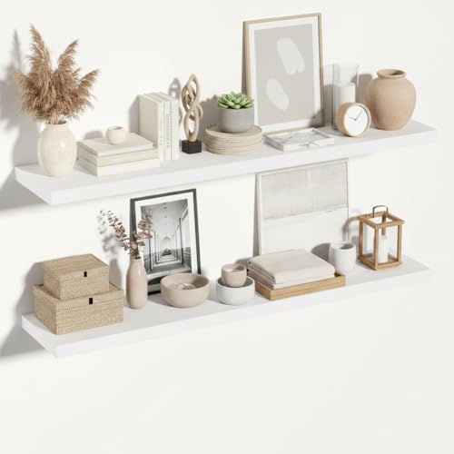 Vivelove 55 Inch White Floating Shelves 12 Deep, 55 X 12 Inch, Set of 2 - color: White, size: 55”wx12”dx1.5”h