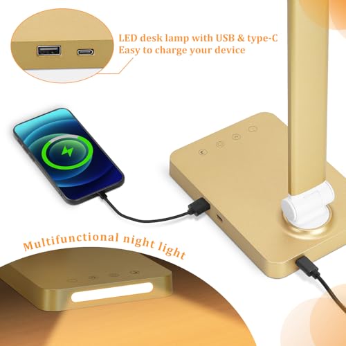 LED Desk Lamp with USB Ports,Touch Desk Lamps for Home Office with 5 Modes - color: Gold