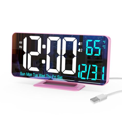 Pink Digital Clock for Bedroom 6.7in Dual Alarm Clock with Dimming, 12/24h, Seconds, Date, Day of Week, Temp, Desk Clock, LED Clock for Table Decor, Digital Calendar Table Clocks for Bedrooms KOSUMOSU - color: Pink Clock(white + Blue Digits)