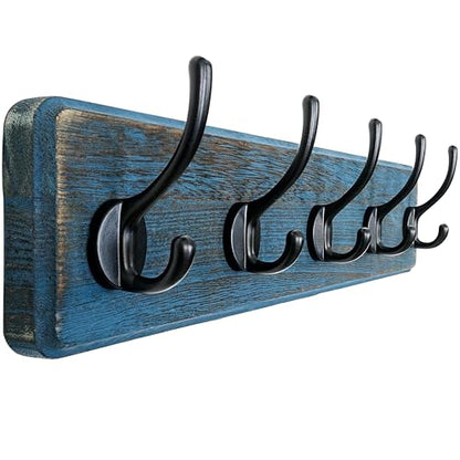 Dseap Coat Rack Wall: Patented, Heavy-Duty, 5-Double-Hooks Wooden Wall Mounted Coat Rack Coat Hanger Hook Rail for Winter Coats Hat Jacket Clothing, Weathered Blue - color: Weathered Blue & Black, size: L=17.4" (1pcs)