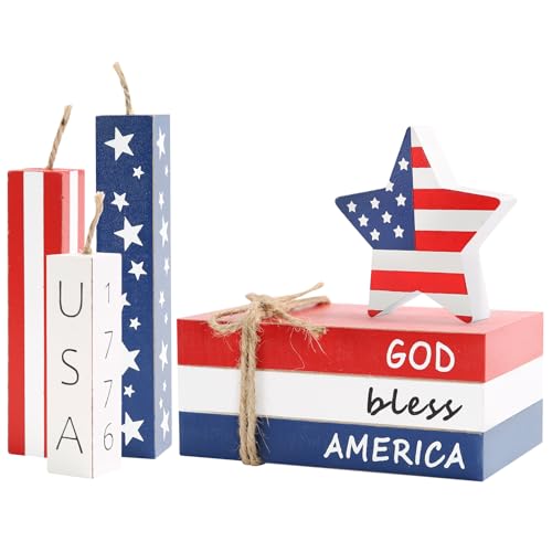 4th of July Decorations Wood Faux Book Stack with Star Firecracker Sign - color: Faux Book and Firework