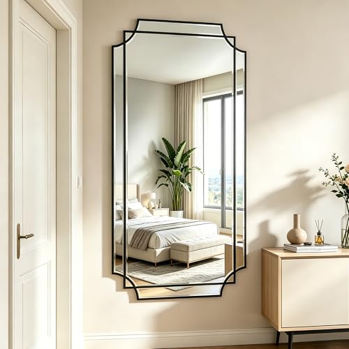 59"x30" Large Rectangle Beveled Mirror with Geometric Wood Frame - color: Black, size: 59"L x 30"W