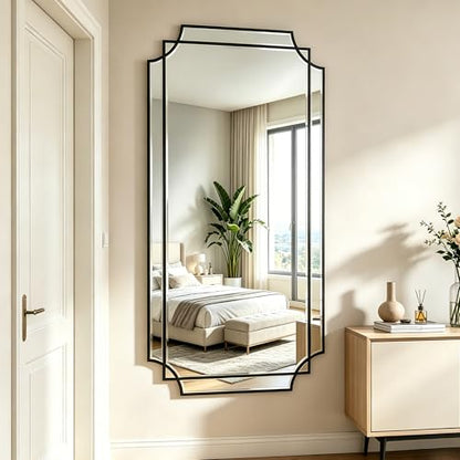 59"x30" Large Rectangle Beveled Mirror with Geometric Wood Frame - color: Black, size: 59"L x 30"W
