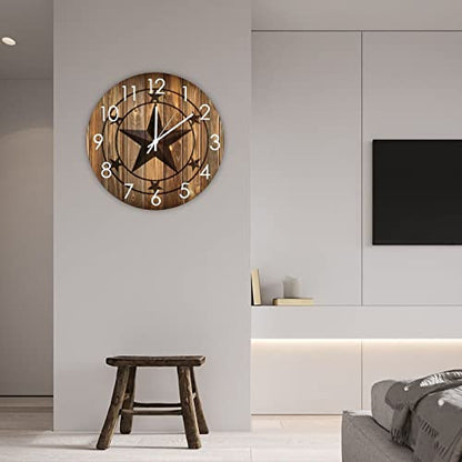 Wall Clock Western Texas Star Silent Battery Operated Rural Wood Clock Rustic Western Country Wall Decor for Bedroom Living Room Beach House Garden Deck - size: 12"x12"
