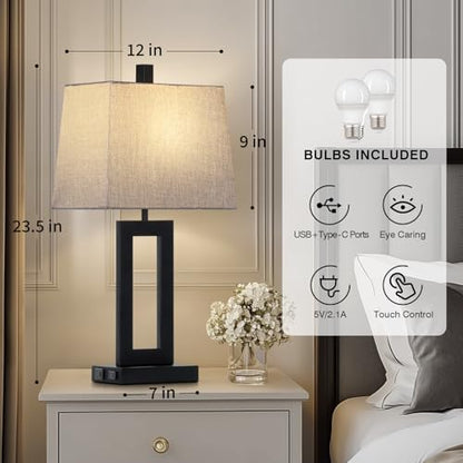 Cinkeda Bedside Table Lamp Set of 2,Nightstand Touch Lamps with USB Port - color: C.Gray&Black
