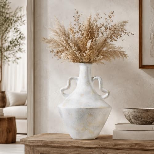 UPWOIGH 14in Distressed Ceramic Vase with Double Handles - color: Off-white, size: 14''