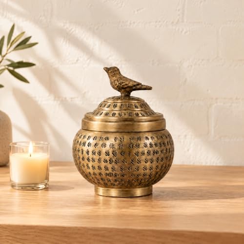 Round Hammered Metal Container with Bird Finial, Brass Finish - size: 6 inches (Diameter) x 7 inches (Height), style: Bird