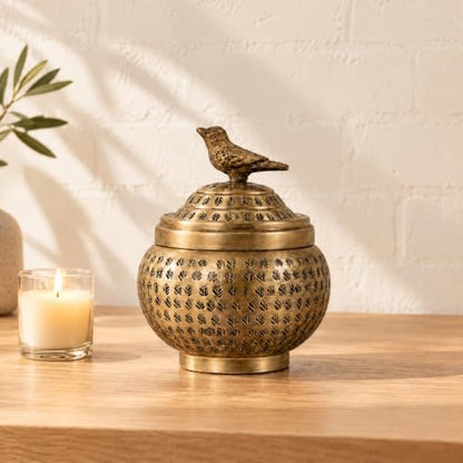 Round Hammered Metal Container with Bird Finial, Brass Finish - size: 6 inches (Diameter) x 7 inches (Height), style: Bird
