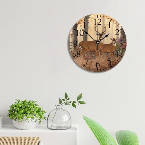 Deer Buck Large Wooden Wall Clocks Battery Operated 12 Inch Autumn Hunting Clock Rustic Wall Art Farmhouse Home Decor for Bedroom Living Room Kitchen School Office