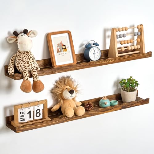 Fun Memories Picture Ledge Shelf for Wall, 36 inch Pine Wood Nursery Book Shelves Set of 2- Wall Book Shelves for Kids Room, Home Decor - Kitchen Spice-Carbonized - color: Carbonized Brown, size: 36", Set of 2