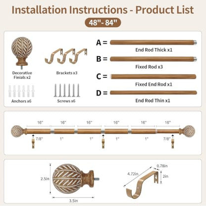 Wood Curtain Rod for Windows 48 to 84 Adjustable Curtain Rod Set of 2 - size: 48"-84" (2 Pack)