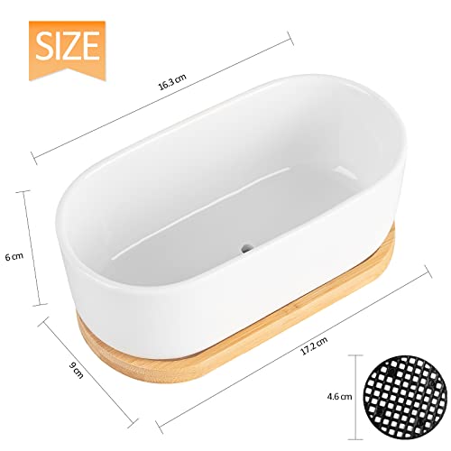 White Ceramic Succulent Plant Pots, Indoor and Outdoor Succulent Planters, Set of 2 Small Cactus Containers, Bonsai Pots, Flower Pots with Drainage Hole and Bamboo Bowl (No Plant) - color: Oval-shaped