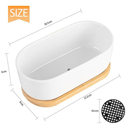 White Ceramic Succulent Plant Pots, Indoor and Outdoor Succulent Planters, Set of 2 Small Cactus Containers, Bonsai Pots, Flower Pots with Drainage Hole and Bamboo Bowl (No Plant) - color: Oval-shaped