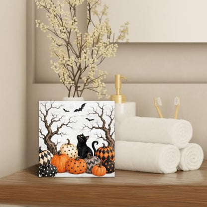 Halloween Black Cat Pumpkin Wood Box Sign Desk Decor 5X5 - color: Pumpkin Cat
