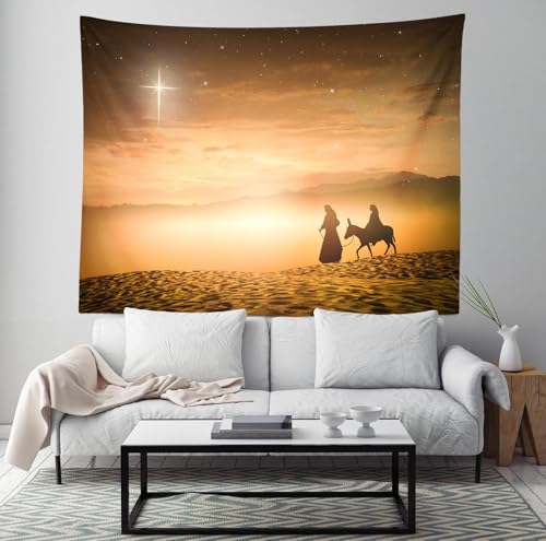 Loccor Nativity Scene Tapestry Christmas Eve Mary and Joseph with a Donkey Desert Bethlehem Star Starry Sky Wall Hanging Xmas Christianity Church Home Living Room Decor 118''x78'' - size: 78.00" x 118.00"
