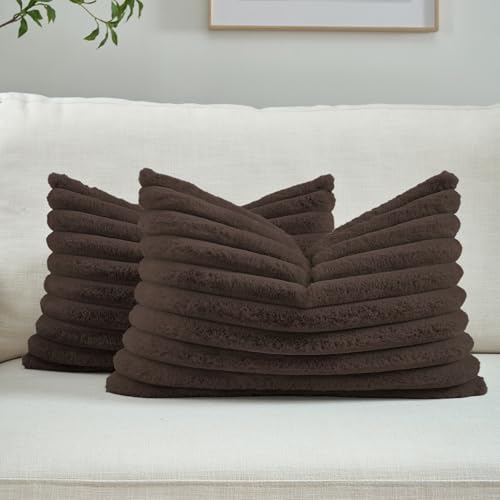 FUTEI Pack of 2 Faux Fur Throw Pillow Covers 12x20 Inch, Dark Coffee - color: Dark Coffee, size: 20" x 12" (Pack of 2)