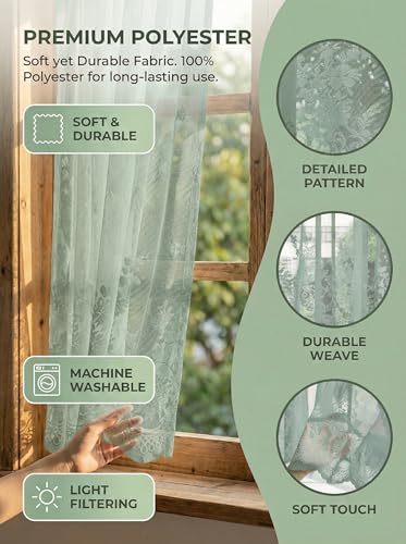 Molaxhome Kitchen Curtains Valance Blue Lace Floral Semi Sheer Curtain - color: Blue-green, size: 29"W x 24"L (Pack of 1)