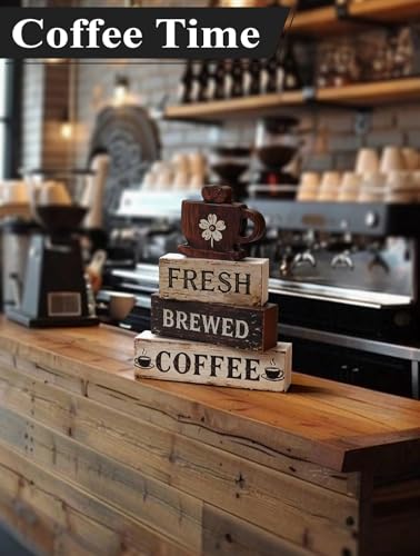 Coffee Wooden Tabletop Decor,Fresh Brewed Coffee Wood Sign Mini Coffee Bar Wooden Signs Book Stacks Accessories Rustic Table Farmhouse Table Decor (Fresh Brewed Coffee) - size: Coffee